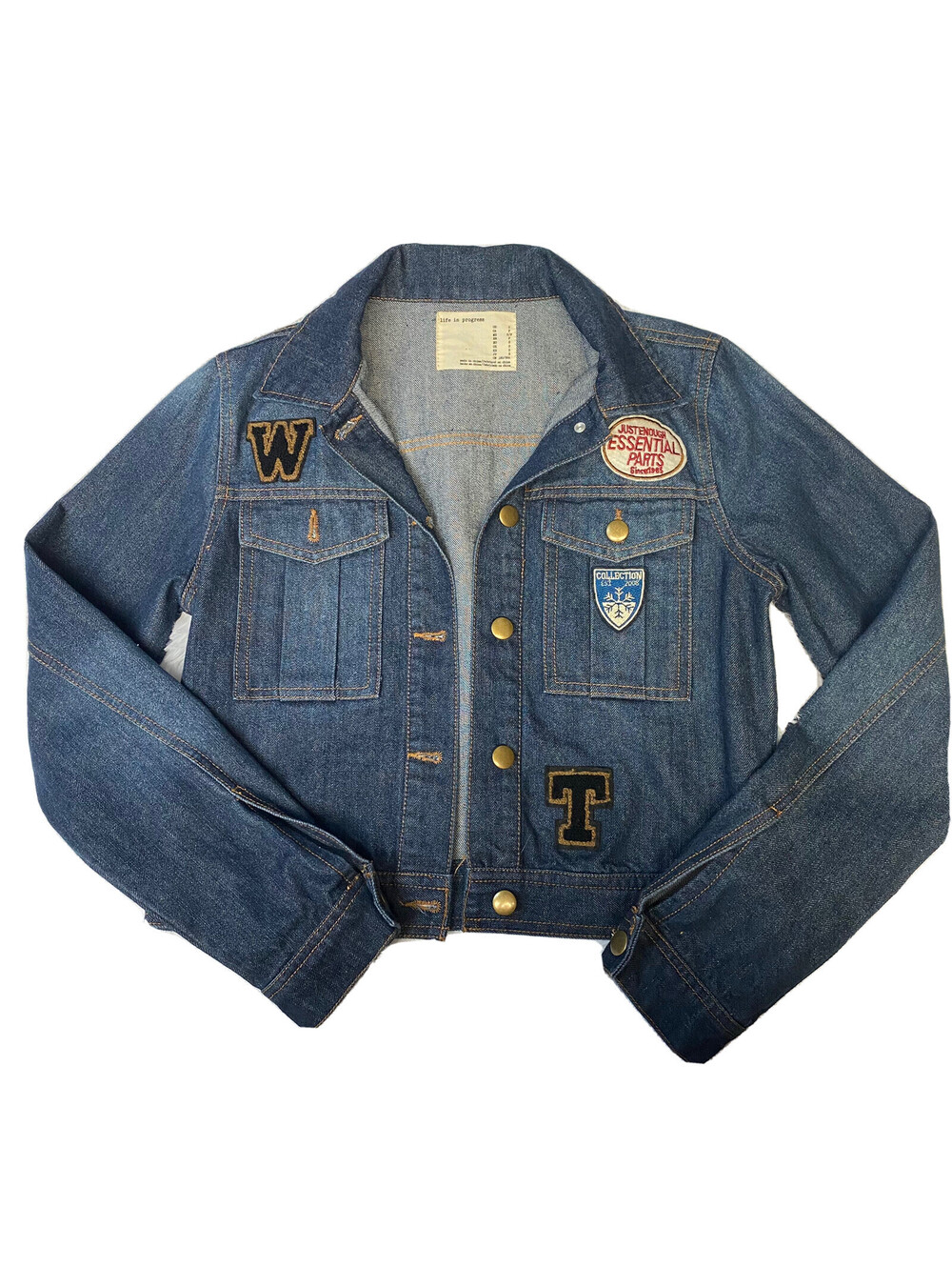 Life in Progress Women's Jacket Small Blue Jean Denim Patches Button Up Short